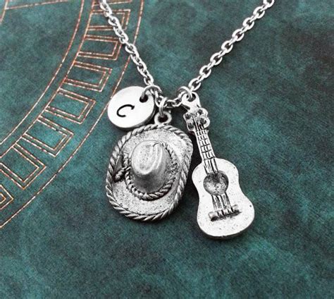 Cowboy Hat Necklace With Guitar Charm Rodeo Jewelry Texas Jewelry