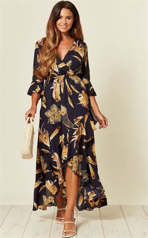 Lorenda Hi Low Wrap Front Maxi Dress In Navy Feathers Blue Vanilla