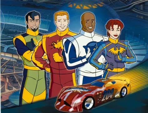 Cartoon Characters Standing In Front Of A Car On A Track With An Arena