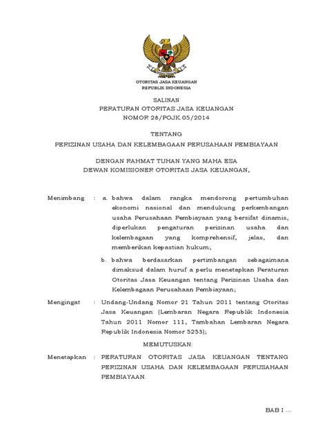 Pdf Peraturan Ojk Tentang Perizinan Usaha Dan Kelembagaan