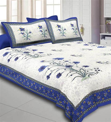 Buy White Floral 300 TC Cotton 1 Double Bedsheet with 2 Pillow Covers ...