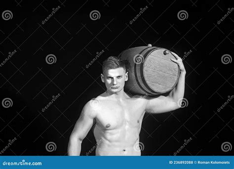 Man With A Muscular Body Working In Half Naked With A Barrel Of Beer Stock Photo Image Of