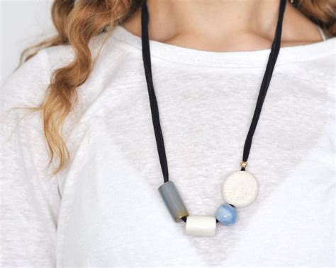 Blue Ceramic Bead Necklace Hand Formed Clay Beads On A Silk Etsy Uk
