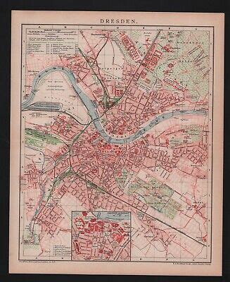 CARTINA CITY MAP 1892 mappa della città di Dresda Elba Germania EUR