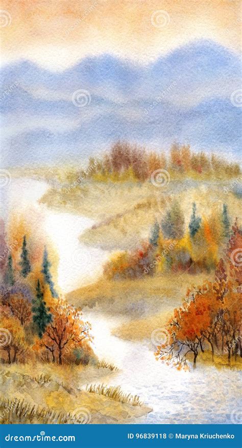 Watercolor Landscape River In The Autumn Forest Stock Illustration