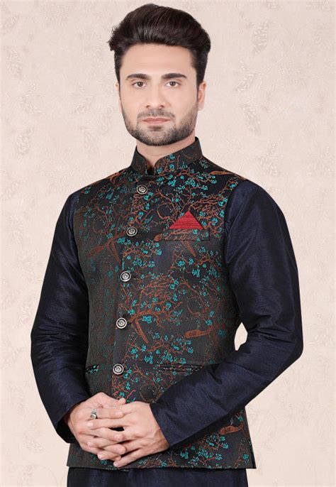 Buy Woven Art Silk Jacquard Nehru Jacket In Black Online Mhg