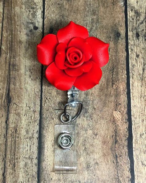 Red Rose Id Badge Holder Retractable Badge Holder Flower Etsy Badge