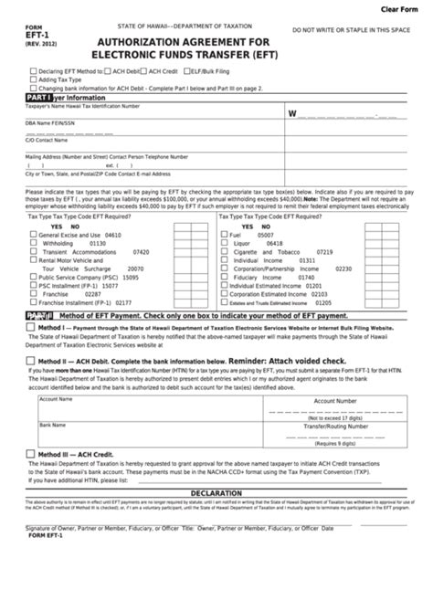 Fillable Form Eft Authorization Agreement For Electronic Funds