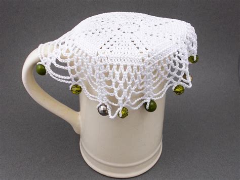 White Crochet Beaded Jug Cover With Olive Beads Beaded Glass Etsy