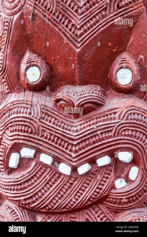 Wood Carvings Of Maori Gods At The Wharenui Maori Meeting House At Te