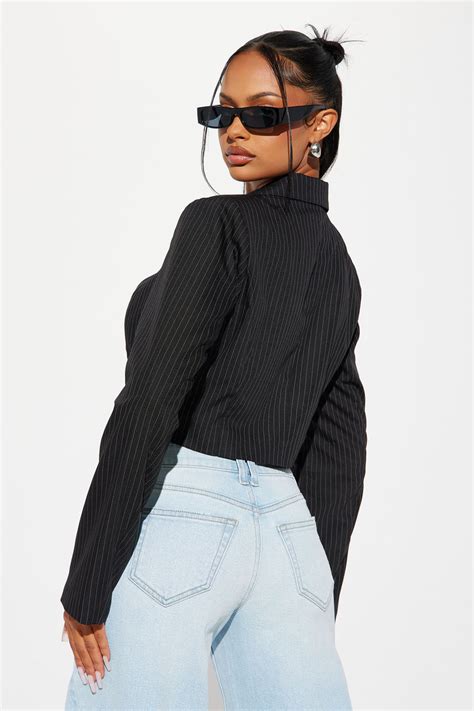 Whats Your Motive Pinstripe Cropped Blazer Black Fashion Nova Jackets And Coats Fashion Nova