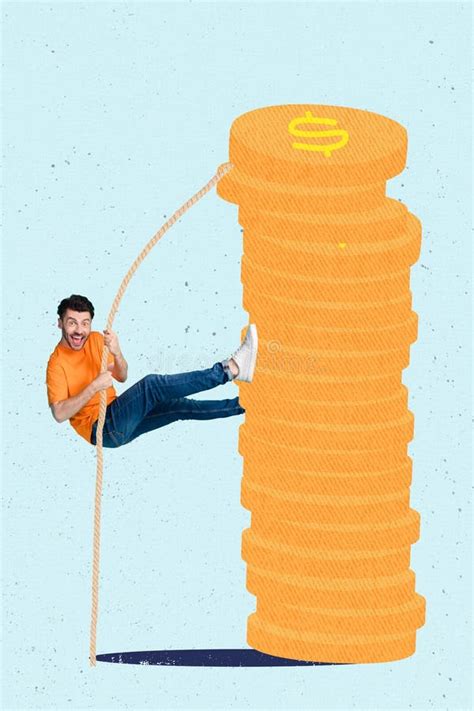 Photo Collage Artwork Minimal Picture Of Funny Funky Guy Climbing Coins