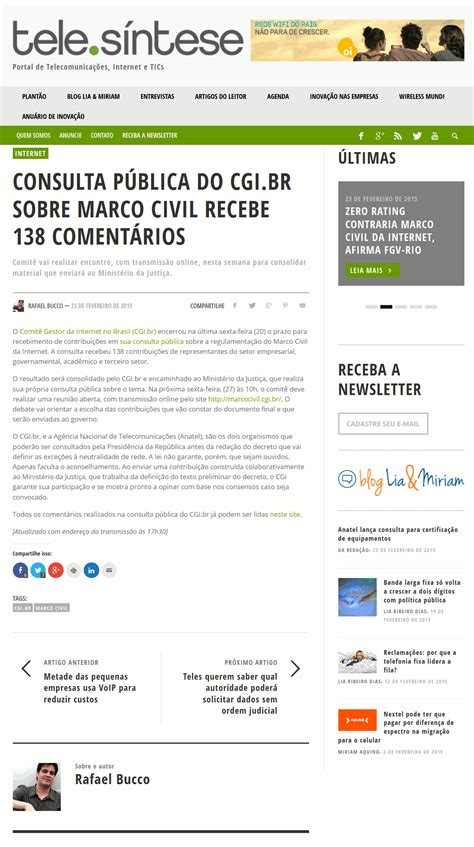 Nic Br Na M Dia Consulta P Blica Do Cgi Br Sobre Marco Civil Recebe