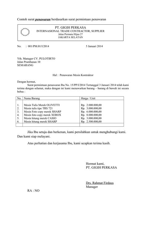 Contoh Surat Penawaran Berdasarkan Surat Permintaan Penawaran Pdf