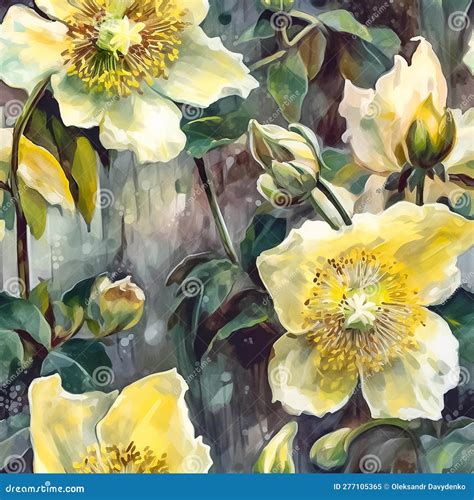 Seamless Pattern With Organic Texture Of Yellow Helleborus Flowers