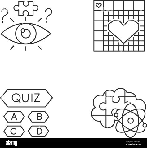 Puzzles and riddles linear icons set. Trivia quiz. Nonogram. Logic game ...