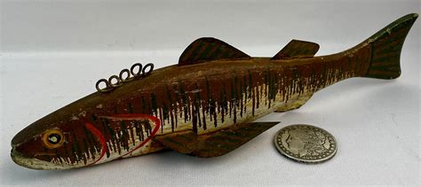 Lot Antique Wooden Folk Art Fish Decoy W Metal Fins 11 Long