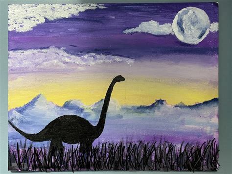 An Acrylic Painting Of A Dinosaur In The Grass With A Full Moon Behind It