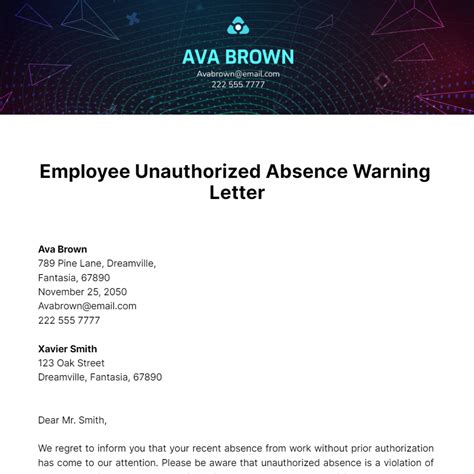 Free Employee Unauthorized Absence Warning Letter Template Edit Online And Download