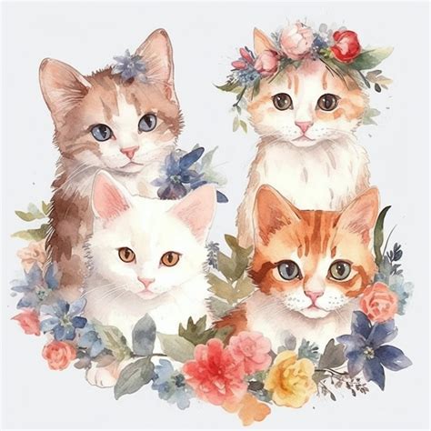 Pintura De Acuarela De Tres Gatos En Flores Y Las Palabras Gato En La