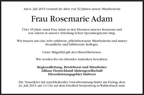 Traueranzeigen Von Rosemarie Adam Stuttgart Gedenkt De