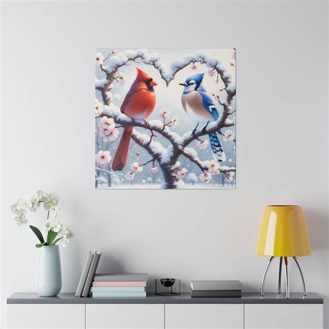 Cardinal & Blue Jay Winter Canvas Print Heart-shaped Cherry Blossom ...