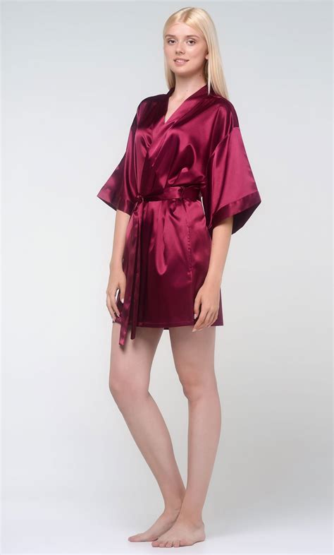 Wine Red Silky Satin Kimono Robe Short Robe Kimono Robe Fashion