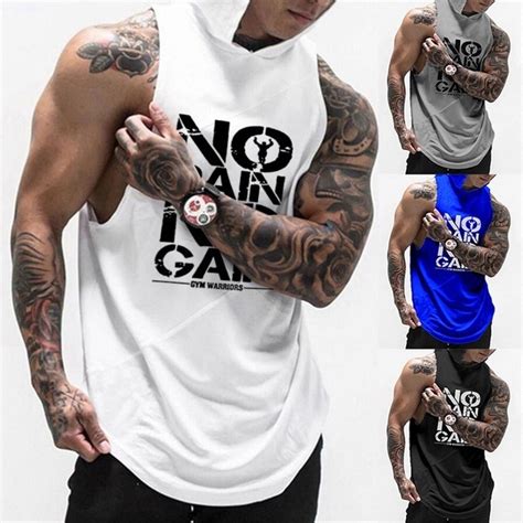 4 Colors Mens Fashion Sleeveless Fitness Muscle Hoodies Gym Bodybuilding Hooded Tank Tops Male ...