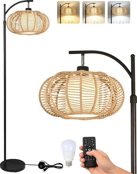 Qiyizm Arc Floor Lamp Rattan With Remote For Living Room Bedroom