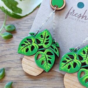 Monstera Hanging Planter Hand Painted Layered Wood Earrings Etsy