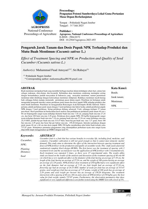 PDF Pengaruh Jarak Tanam Dan Dosis Pupuk NPK Terhadap Produksi Dan