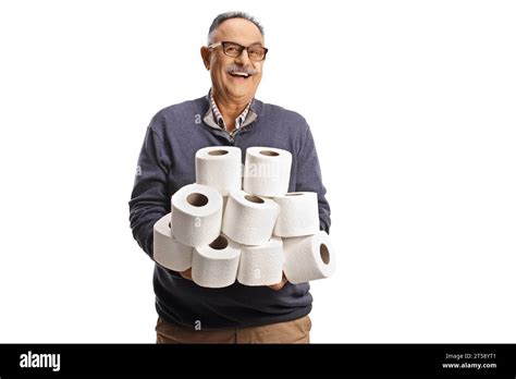 Happy Mature Man Holding Toilet Paper Rolls Isolated On White
