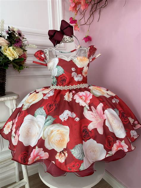 Vestido Infantil Marsala Florido Cinto de Pérolas Luxo Rosa