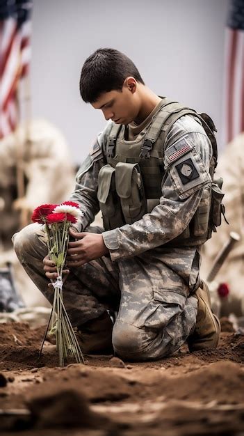 Premium Photo American Soldier Kneeling At A Veterans Grave On