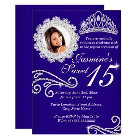 Royal Blue Sparkle Diamond Tiara Photo Quinceanera Invitation Zazzle Photo Quinceanera