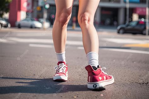 Premium Photo A Woman Wearing Red Converse Shoes Stands On A Street