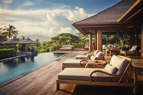 Premium AI Image Pool In Hotel Wooden Terrace With Sofas And Sun