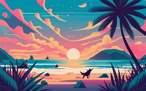 Premium AI Image Sunset At Beach Illustration Nature Summer Background