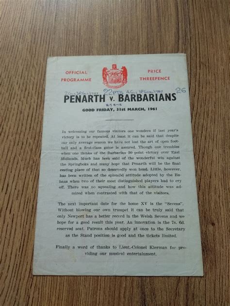 Penarth V Barbarians Mar 1961 Rugby Programme Rugbyreplay