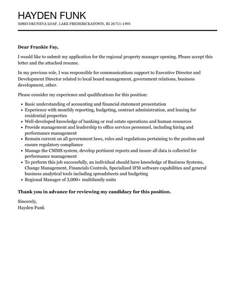 Regional Property Manager Cover Letter Velvet Jobs