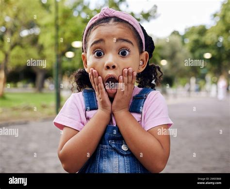 Wow Surprise And Girl Child At Park Outdoors Looking Shocked Face