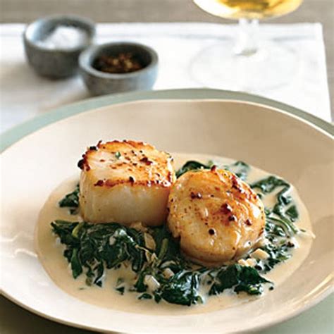 Seared Scallops On Spinach With Apple Brandy Cream Sauce Recipe