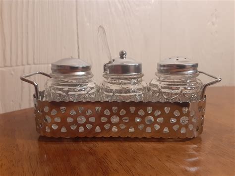 Vintage Condiment Set Caddy With Pressed Glass Pots For Salt Etsy