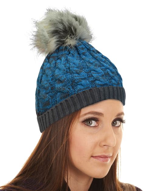 Terra Unisex Thick Cable Knit Beanie Ski Hat With Soft Faux Fur Pom Pom