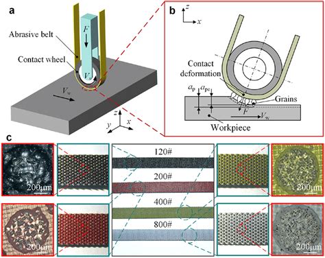 Principle of belt grinding process and diamond abrasive belt (a, b) and... | Download Scientific ...