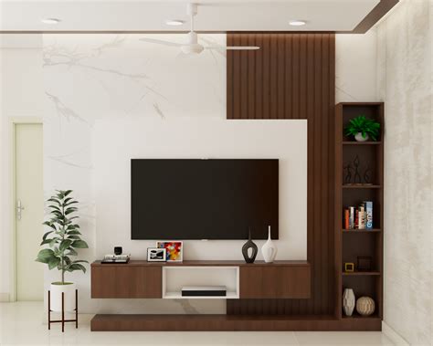 Spacious Tv Unit Design In White And Wood With Fluted Panels Livspace