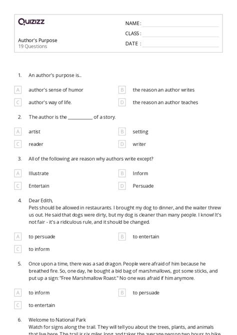 50 Identifying The Authors Purpose Worksheets On Quizizz Free