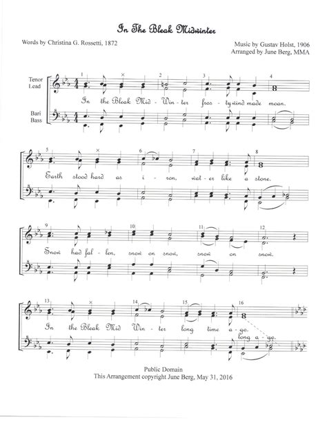 In The Bleak Midwinter Arr June Berg Sheet Music Music By Gustav