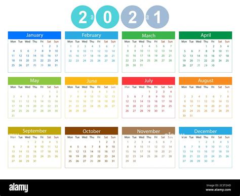 2021 Calendar Week Starts Monday Vector Illustration Flat Design