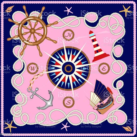 Silk Scarf Design With Rope Ship Wheel Lighthouse Anchor Compass Marine Elements Nautical Frame